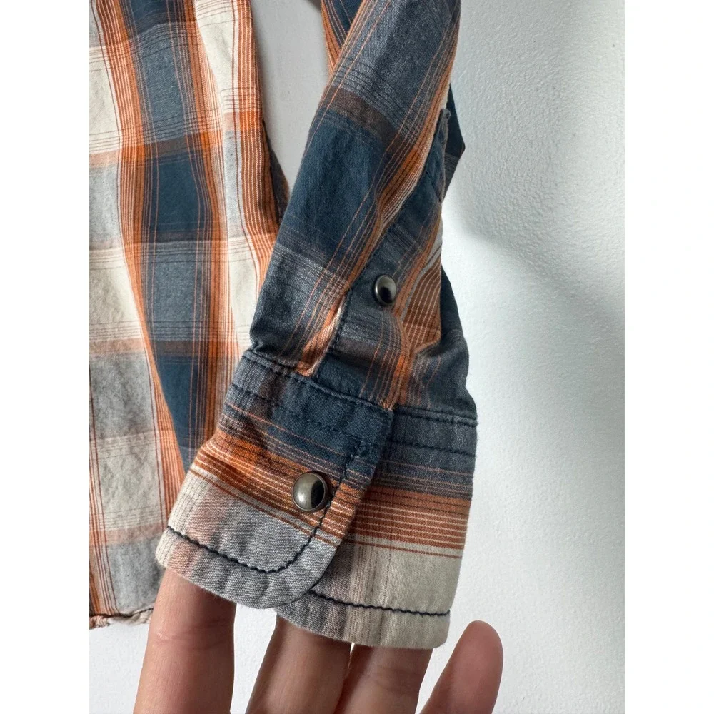 Western Cowboy Hardware Kids Med Shirt Orange Blue Plaid Bull‎ Skull Snap Front